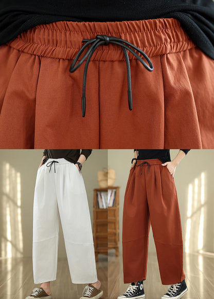 Casual White Pockets Drawstring Cotton Pants Fall QO048