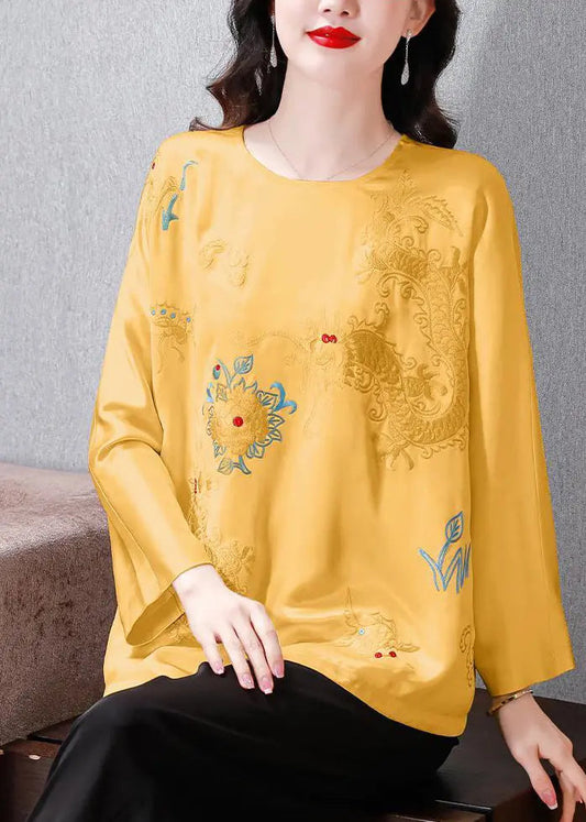 Casual Yellow Embroidered Silk Blouse Tops Spring Ada Fashion