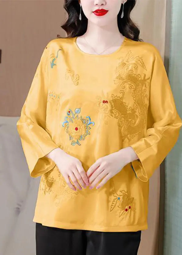 Casual Yellow Embroidered Silk Blouse Tops Spring Ada Fashion