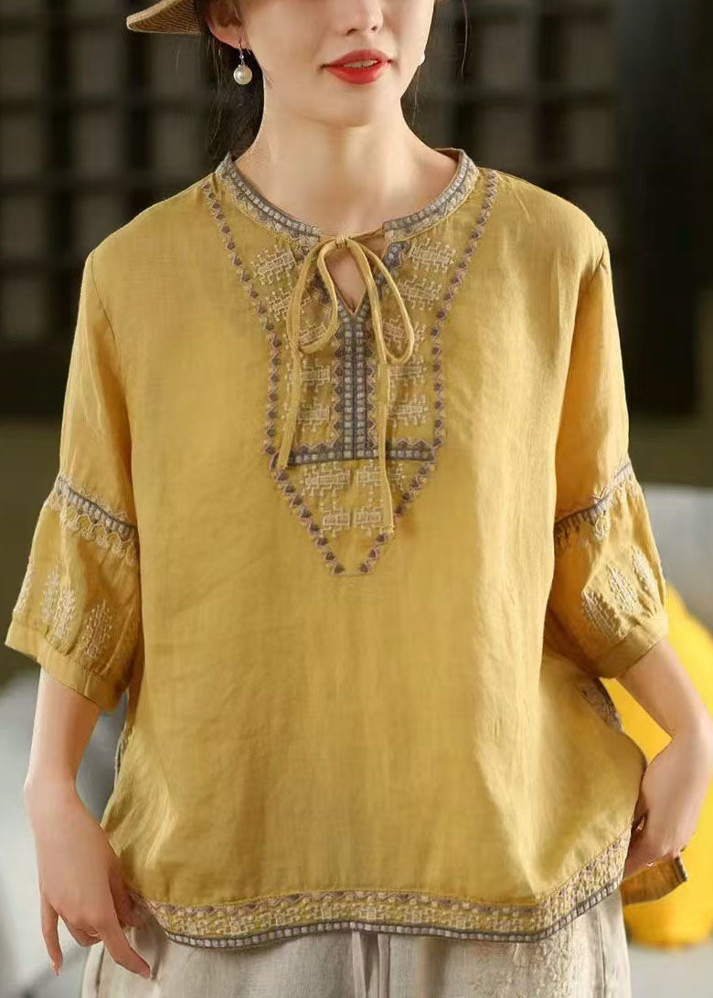 Tie Neck Casual Embroidered Sleeve Half Linen Blouses Yellow