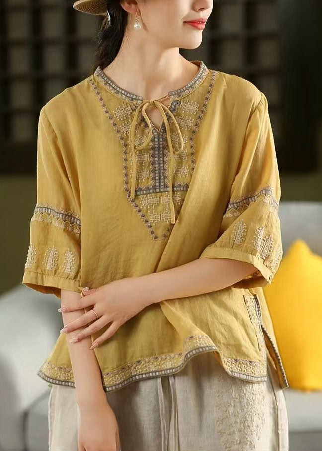 Tie Neck Casual Embroidered Sleeve Half Linen Blouses Yellow