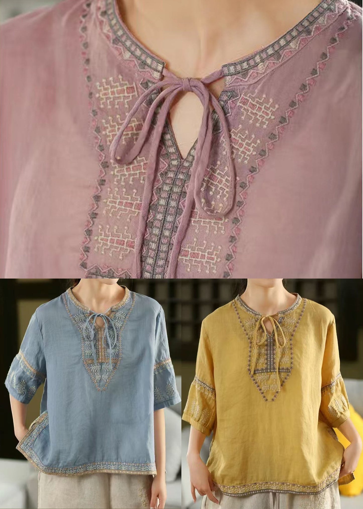Tie Neck Casual Embroidered Sleeve Half Linen Blouses Yellow