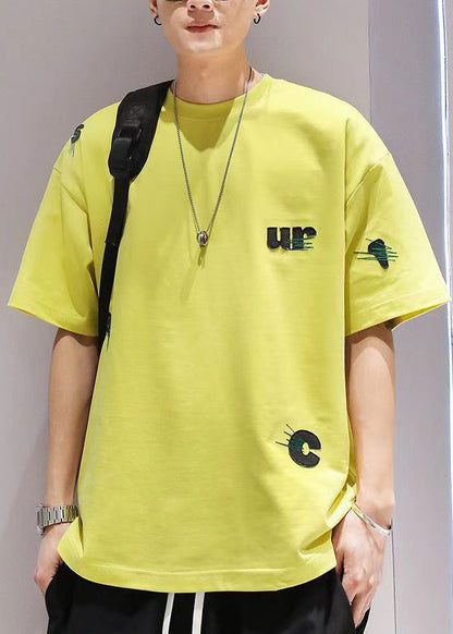 Casual Yellow Embroideried Cotton Oversized T Shirt Men Summer WA016