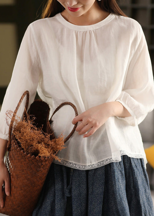 Top O Neck Leinen Sommer Patchwork Bluse Gelb Casual