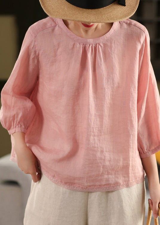 Top O Neck Leinen Sommer Patchwork Bluse Gelb Casual