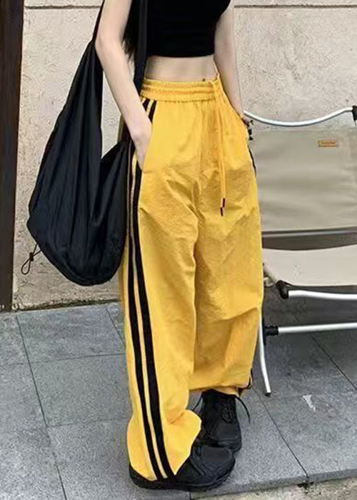 Pantalon taille élastique jaune décontracté printemps coton rayé
