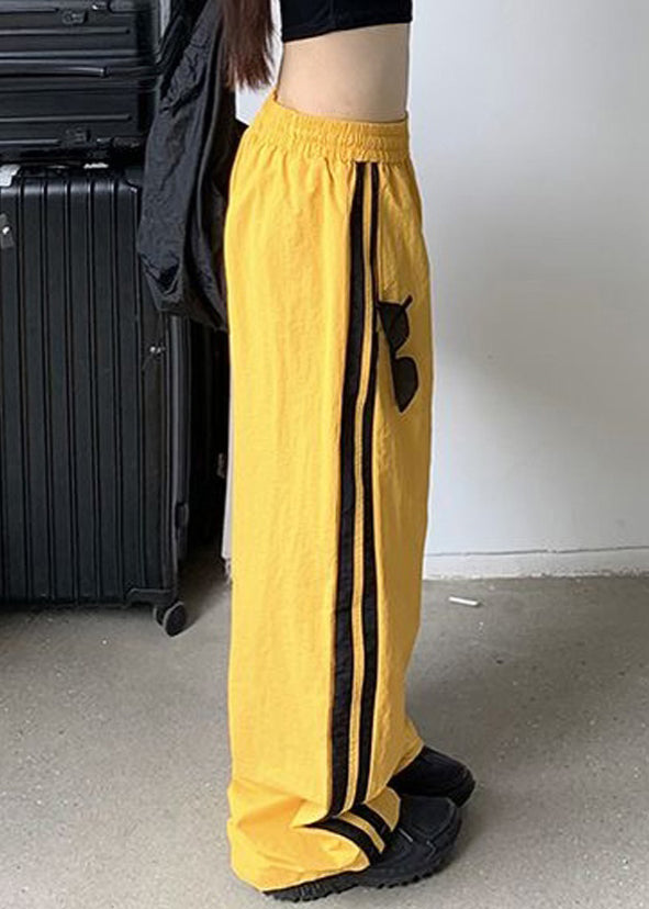 Pantalon taille élastique jaune décontracté printemps coton rayé