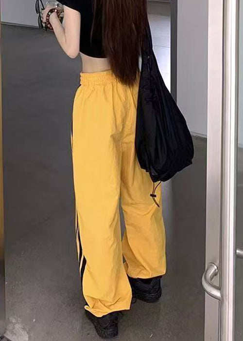 Pantalon taille élastique jaune décontracté printemps coton rayé