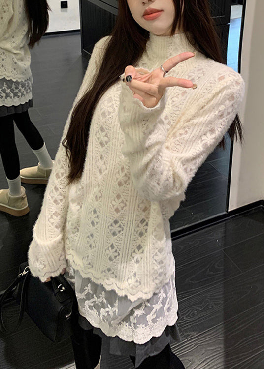 Chic Apricot Hign Neck Lace Patchwork Knit Sweater Winter RF007