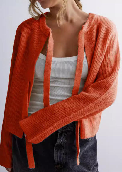 Chic Apricot O Neck Lace Up Knit Loose Coat Fall QY009