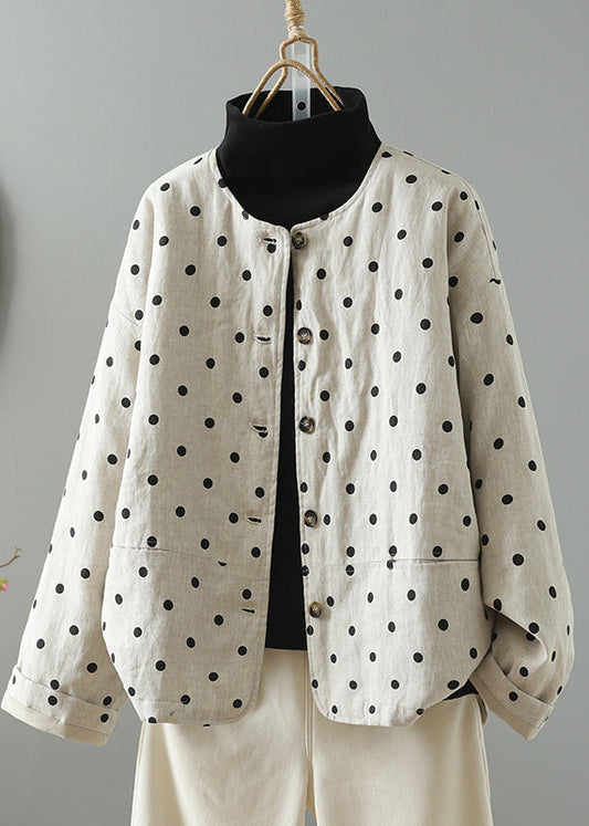 Chic Apricot O Neck Pockets Dot Print Fine Cotton Filled Jackets Spring TI010