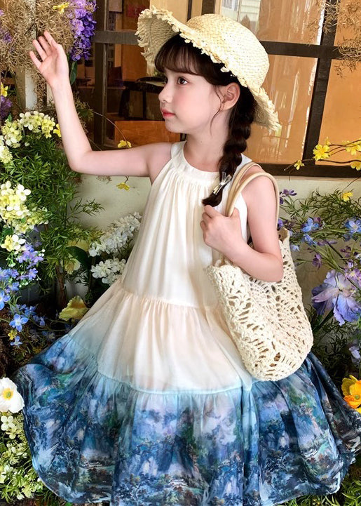 Chic Apricot O Neck Print Patchwork Cotton Girls Dresses Sleeveless EW041