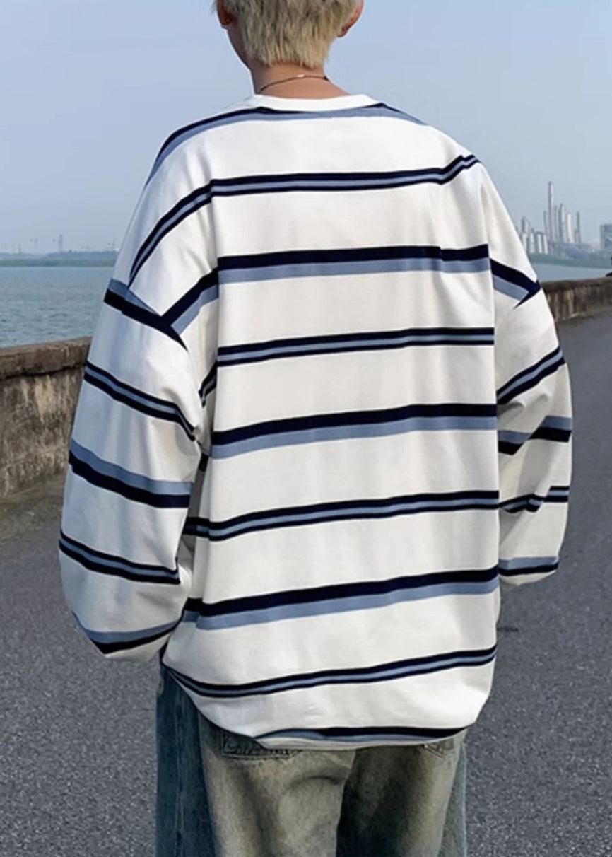 Chic Apricot O Neck Striped Cotton T Shirt Men Casual Clothing Fall WJ019