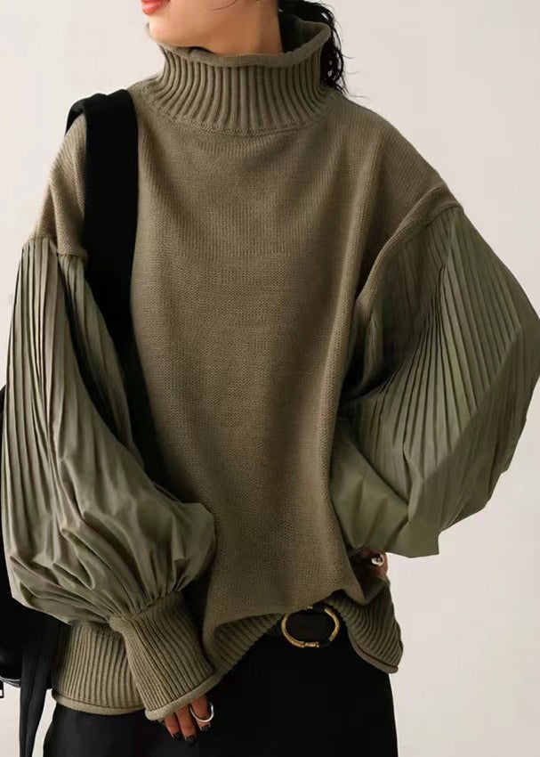 Chic Army Green Hign Neck Wrinkled Patchwork Knitted Tops Lantern Sleeve WE029