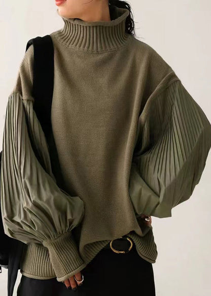 Chic Army Green Hign Neck Wrinkled Patchwork Knitted Tops Lantern Sleeve WE029