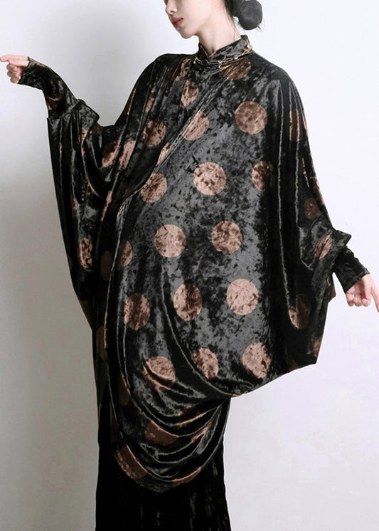 Chic Black Asymmetrical Print Silk Velour Shirts Batwing Sleeve QA1020 Ada Fashion