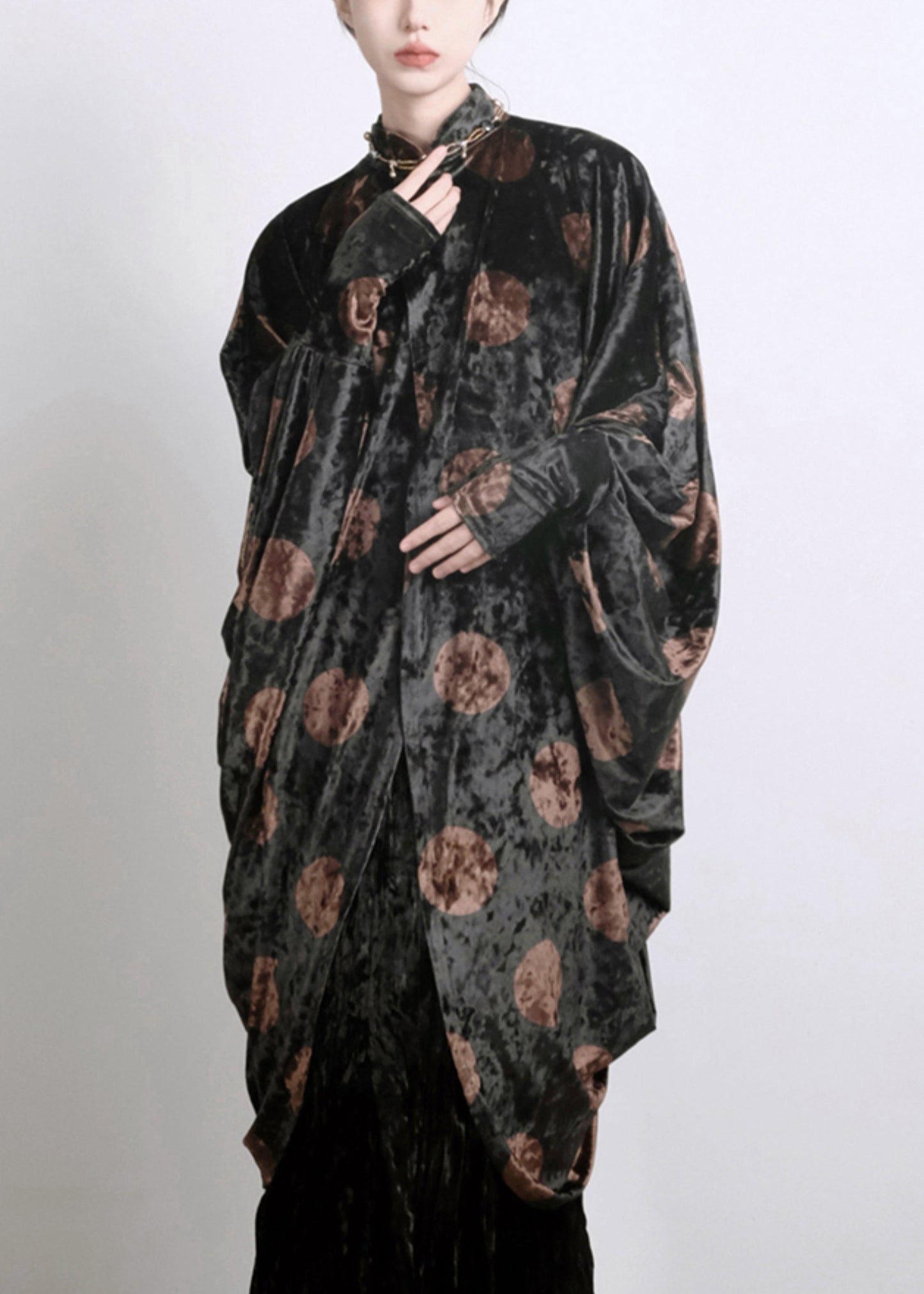 Chic Black Asymmetrical Print Silk Velour Shirts Batwing Sleeve QA1020 Ada Fashion