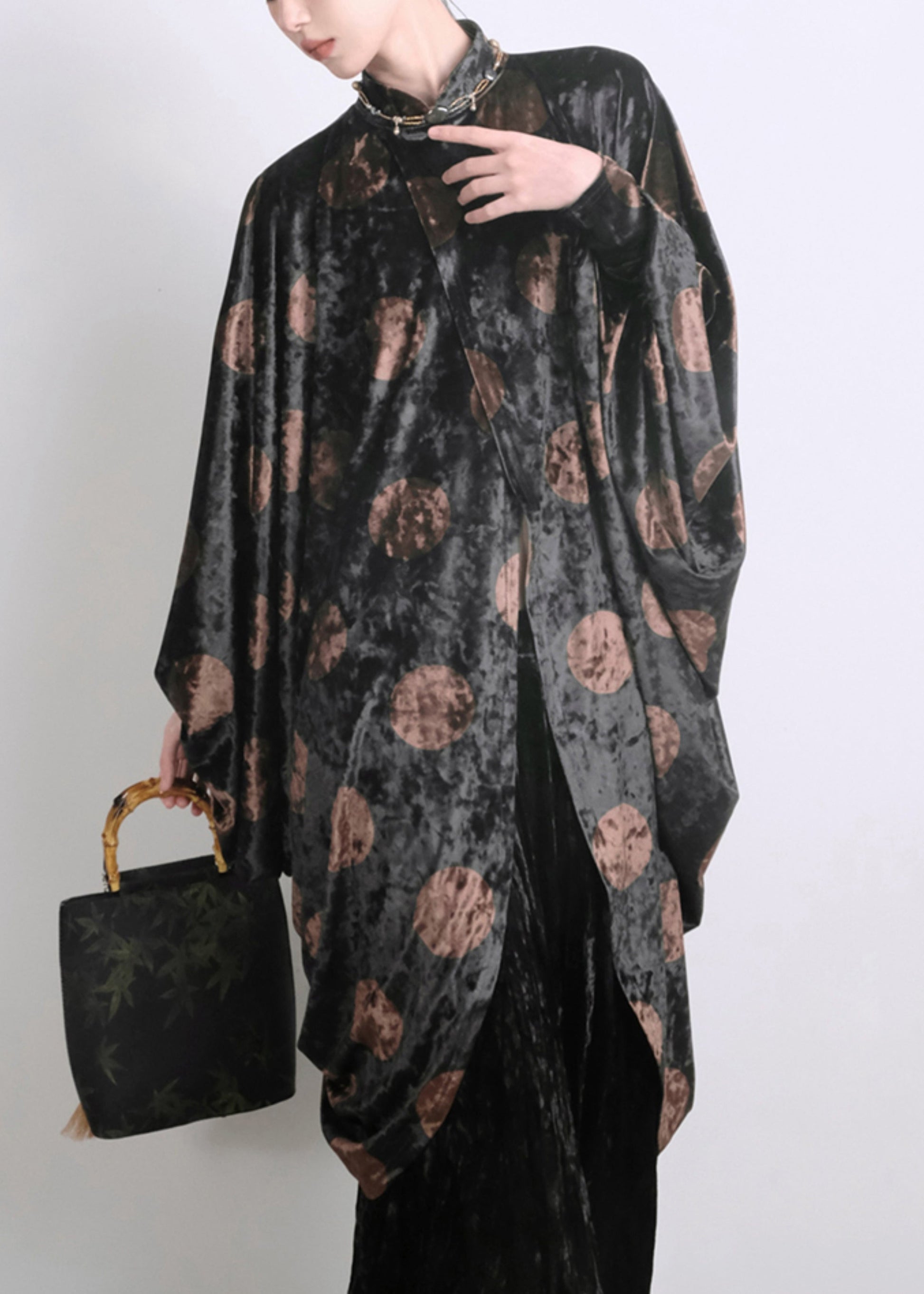 Chic Black Asymmetrical Print Silk Velour Shirts Batwing Sleeve QA1020 Ada Fashion