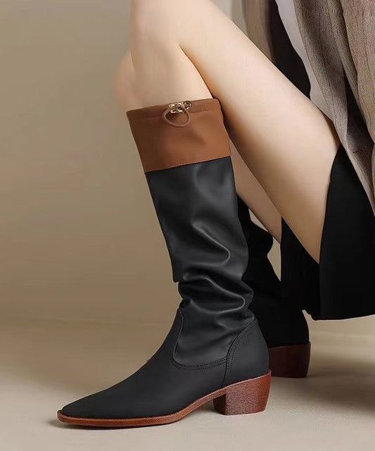 Chic Black Faux Leather Splicing Chunky Knee Boots SL1012