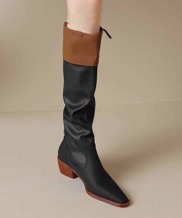 Chic Black Faux Leather Splicing Chunky Knee Boots SL1012