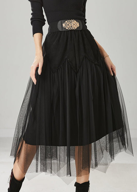 Chic Black High Waist Patchwork Tulle Corduroy Skirts Spring YU1025
