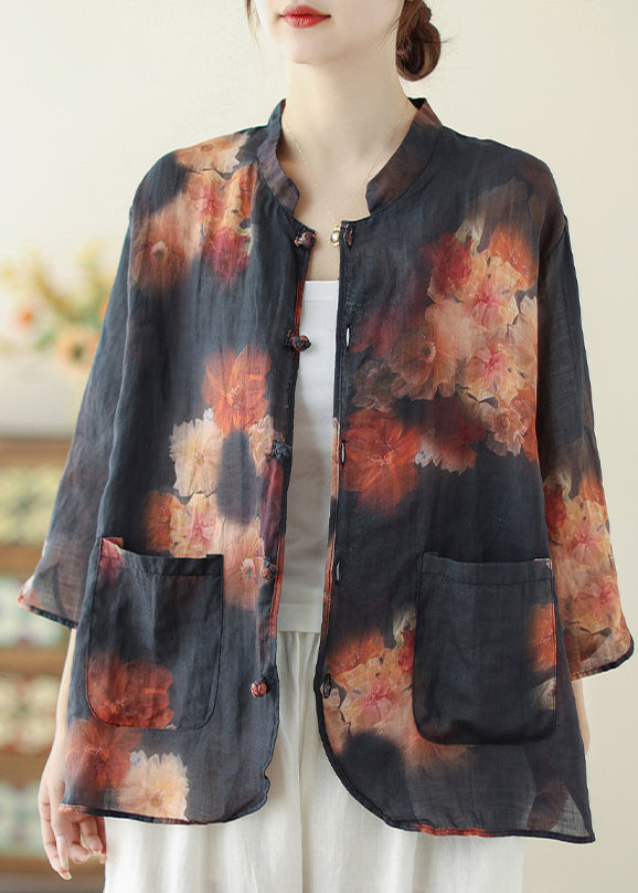 Haut en lin imprimé à col mandarin noir chic, printemps TM033