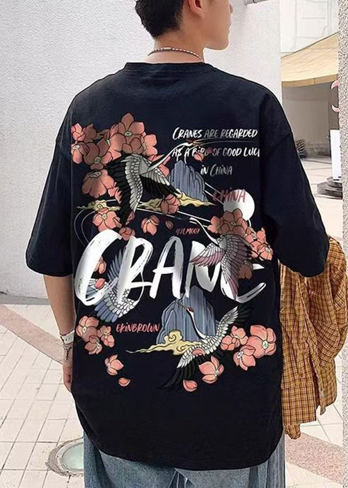 Chemises surdimensionnées chics à imprimé noir pour hommes en coton à col T pour l'été