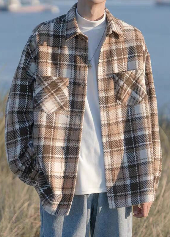 Button Shirts Pockets Men Plaid Coats Spring Chic Black Woolen