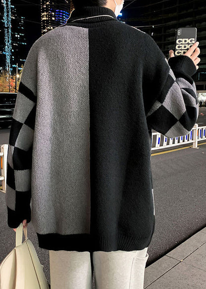 Chic Black Turtleneck Plaid Knit Men Sweaters Pullover Winter RJ049