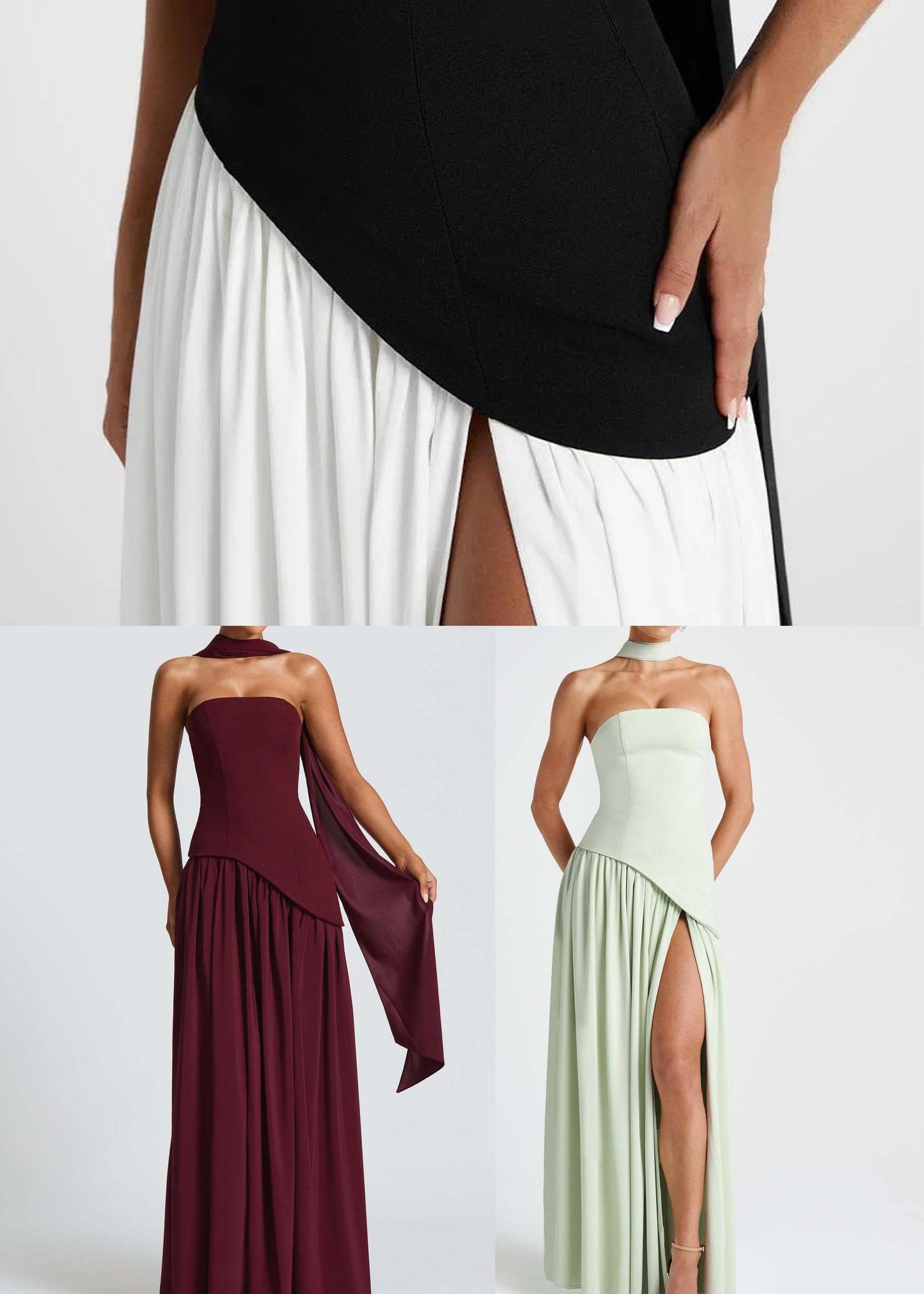 Robe de soirée chic en mousseline de soie noire et blanche à patchwork ouvert sur le côté