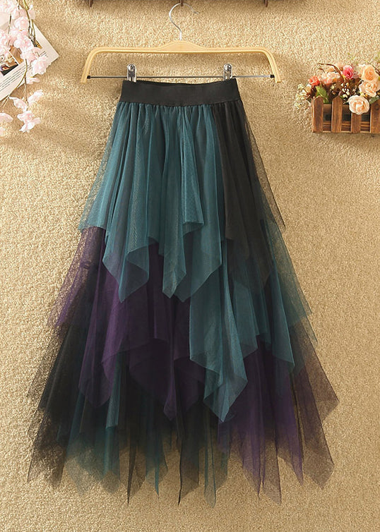 Chic Blue Asymmetrical Elastic Waist Patchwork Tulle Skirts Summer Ada Fashion