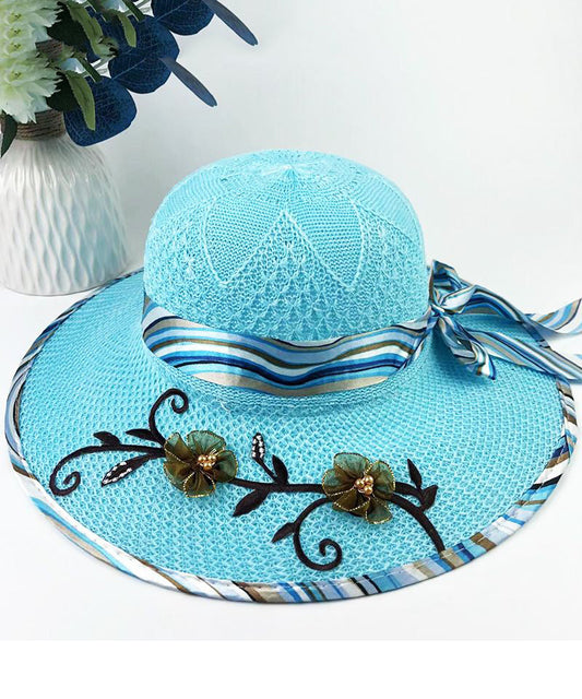 Patchwork Bow Nail Floral Bead Hat Sun Chic Blue