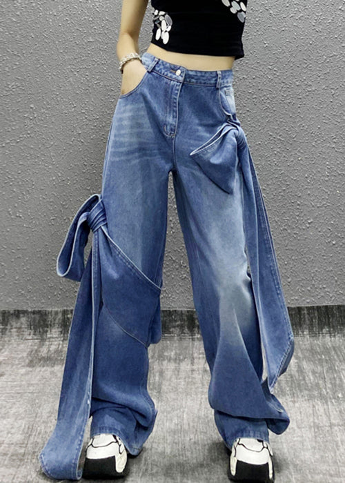 Schicke blaue Jeanshose mit Schleifentaschen und hoher Taille, Sommer AW1010