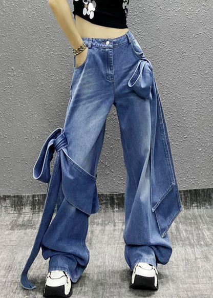 Chic Blue Bow Pockets High Waist Denim Pants Summer AW1010