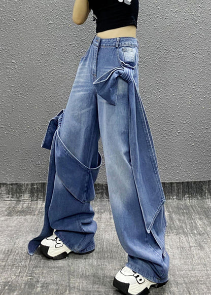 Chic Blue Bow Pockets High Waist Denim Pants Summer AW1010