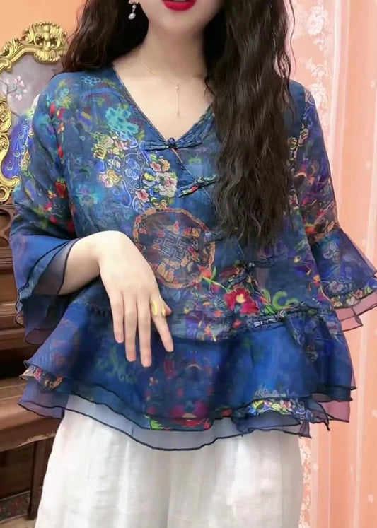Chic Blue Button Print Tulle Patchwork Blouses Flare Sleeve GH1052