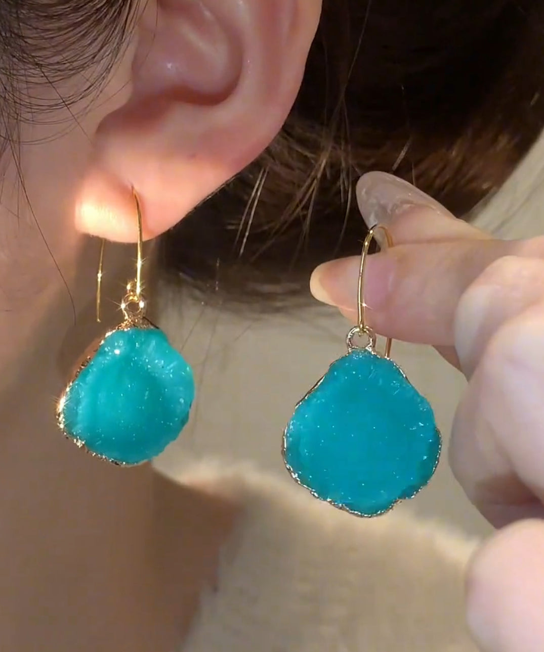 Gem Copper Earrings Chic Asymmetrical Alloy Stone Drop Blue