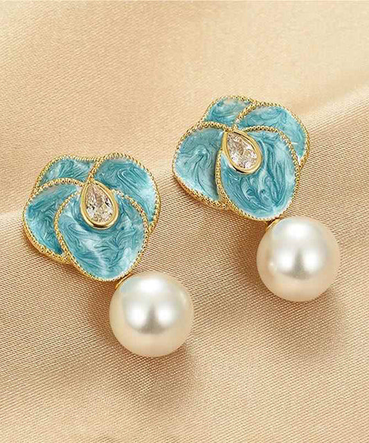 Chic Blue Copper Alloy Pearl Enamel Floral Drop Earrings WH031