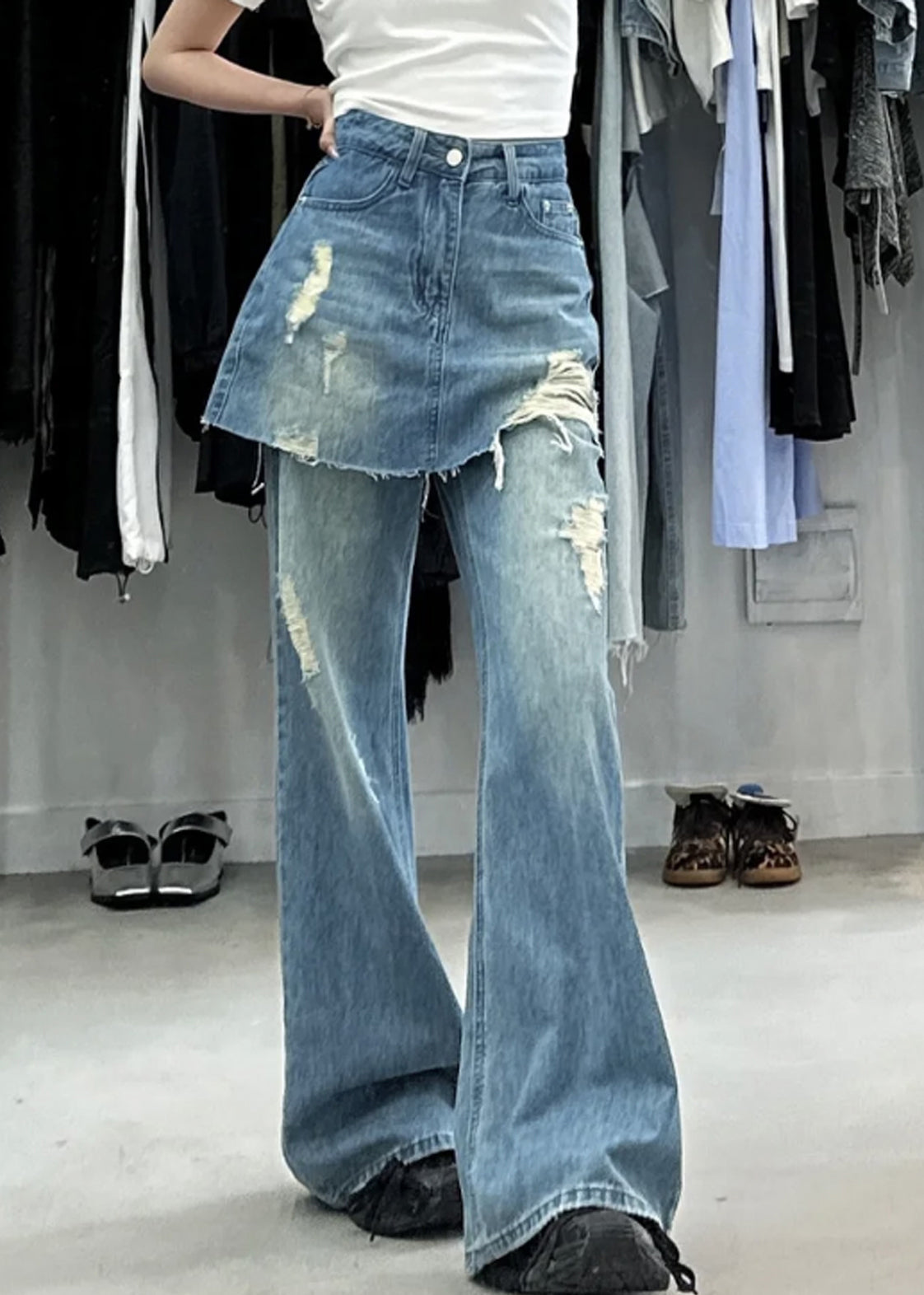 Chic Blue False Two Pieces High Waist Denim Pants Summer PP013