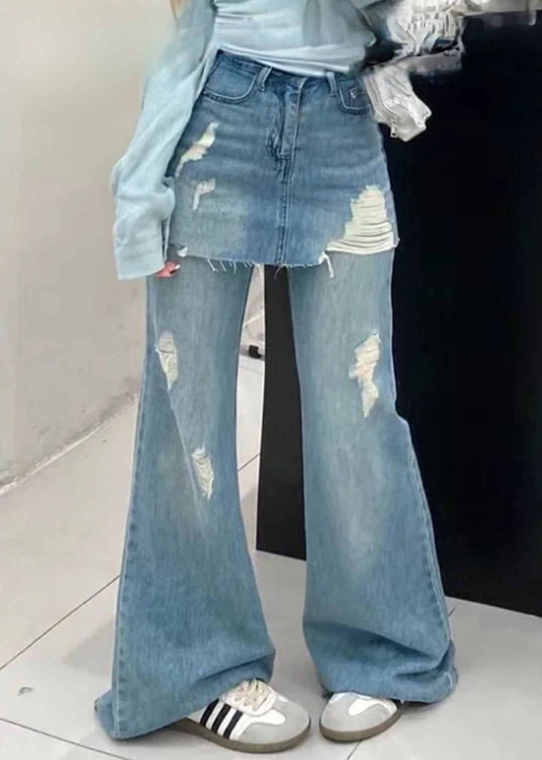 Chic Blue False Two Pieces High Waist Denim Pants Summer PP013