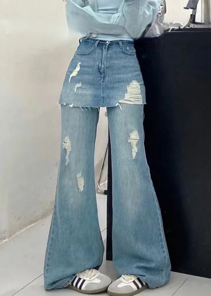 Chic Blue False Two Pieces High Waist Denim Pants Summer PP013