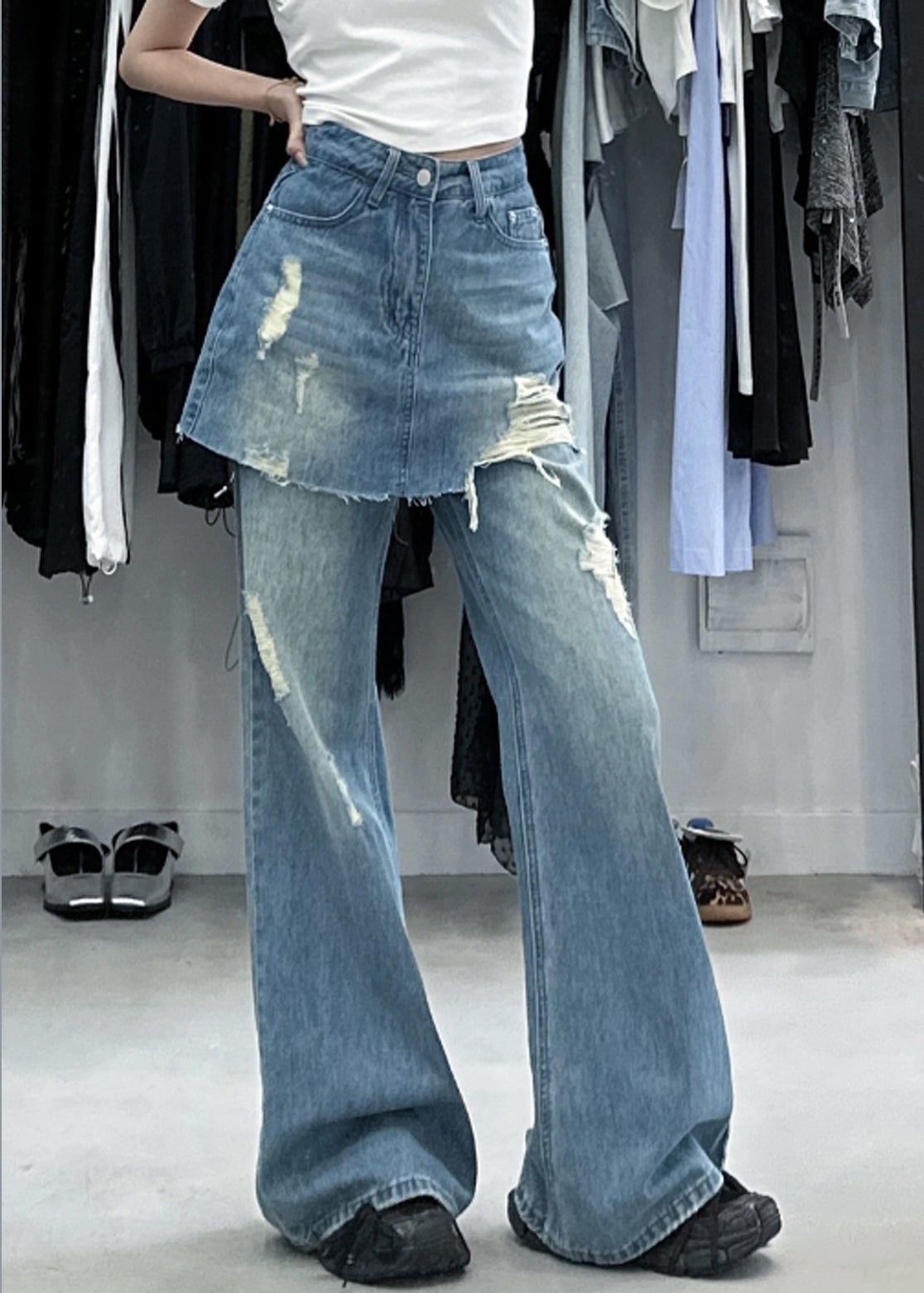 Schicke blaue falsche zweiteilige Jeanshose mit hoher Taille für den Sommer PP013