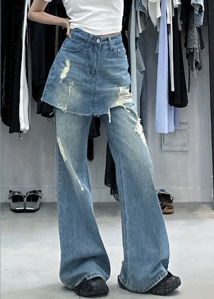 Chic Blue False Two Pieces High Waist Denim Pants Summer PP013