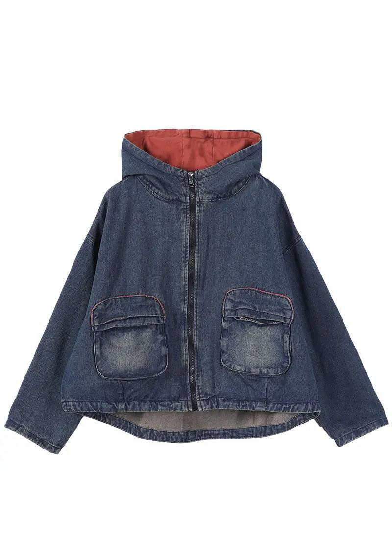 Chic Blue Hooded Pockets zippered Fall Denim Coat Long sleeve QS059