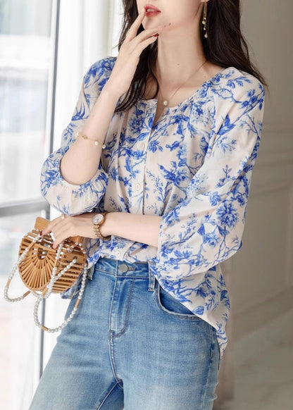 Chic Blue O-Neck Print Chiffon Top Summer WW009