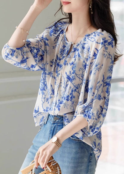 Chic Blue O-Neck Print Chiffon Top Summer WW009