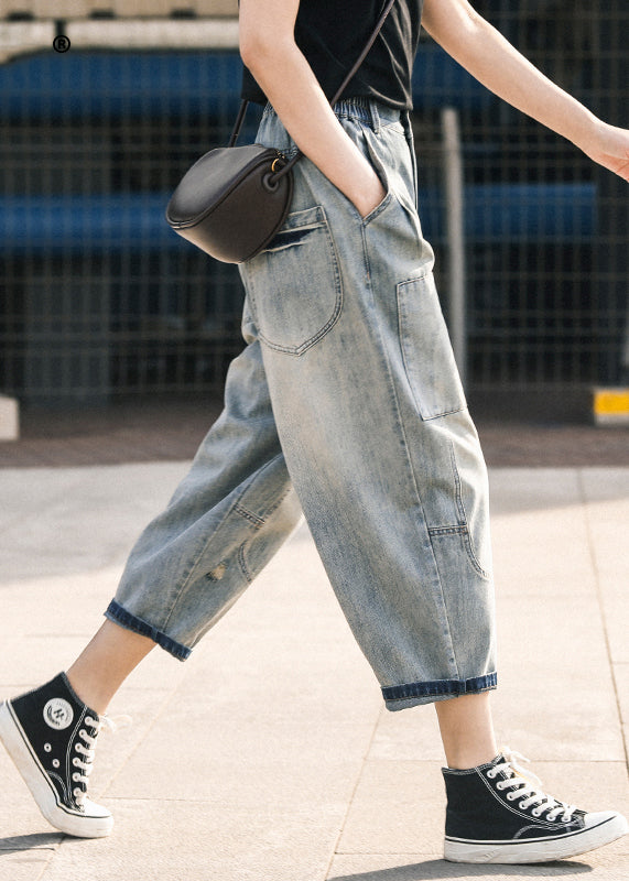 Blue Pants Chic Summer Oversized Patchwork Applique Denim Ripped