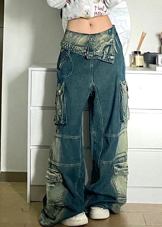 Chic Blue Pockets Patchwork Denim Fall Pants High Waist QF046