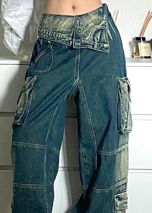 Chic Blue Pockets Patchwork Denim Fall Pants High Waist QF046