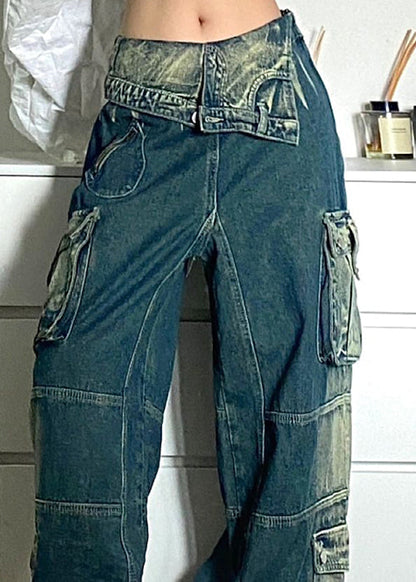 Chic Blue Pockets Patchwork Denim Fall Pants High Waist QF046